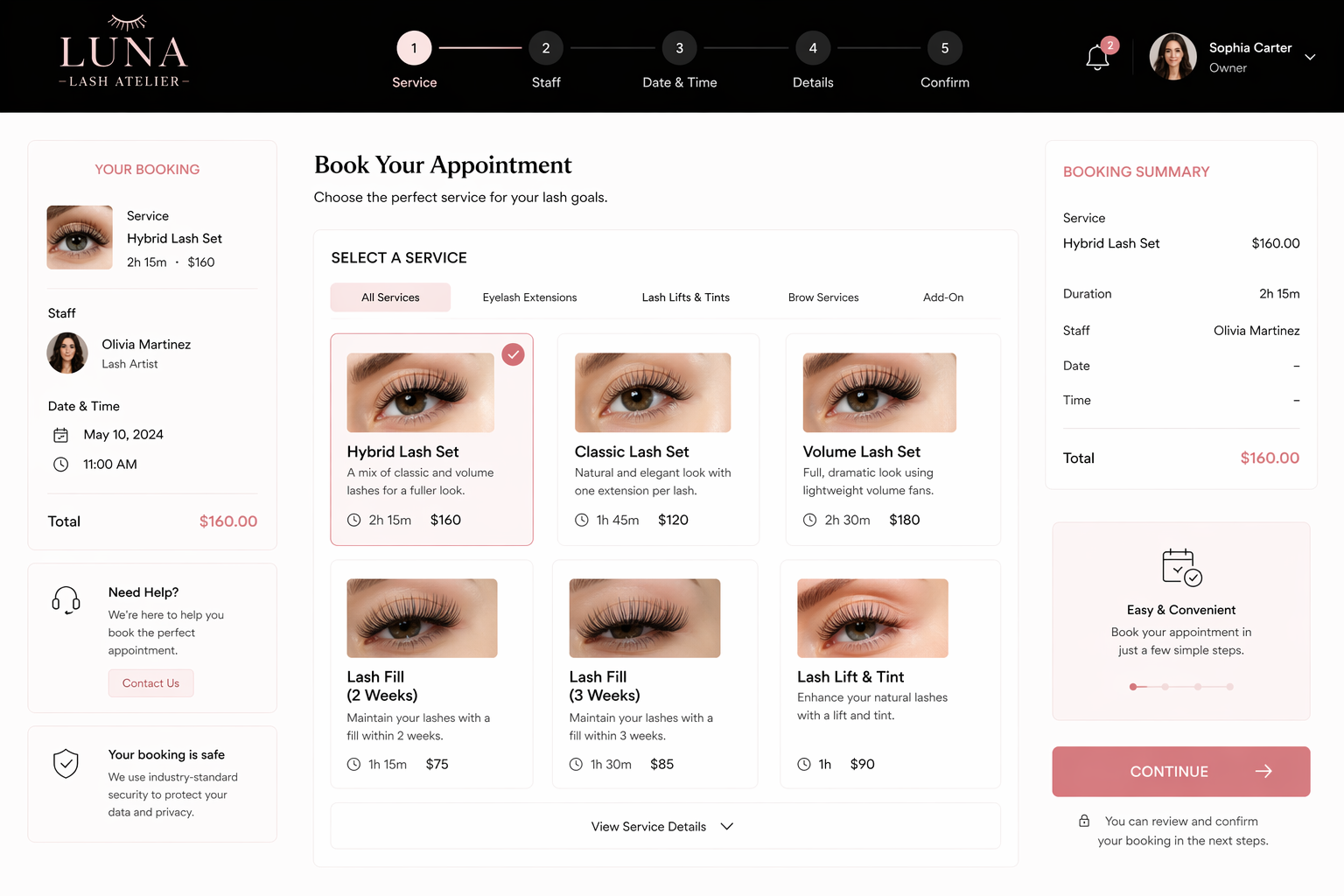 Lash booking example